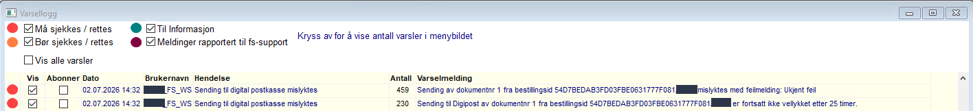 Informasjon fra FS-klientens varsellogg