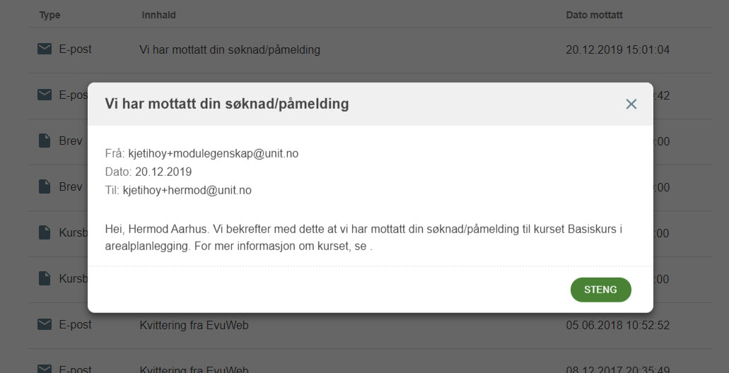 Skjermbilde fra EVUweb: Åpen e-post