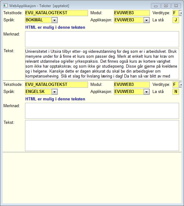 Skjermbilde fra FS-klienten bildet WebApplikasjon - Tekster, der man kan registrere tekst som vises øvest i kurskatalogen