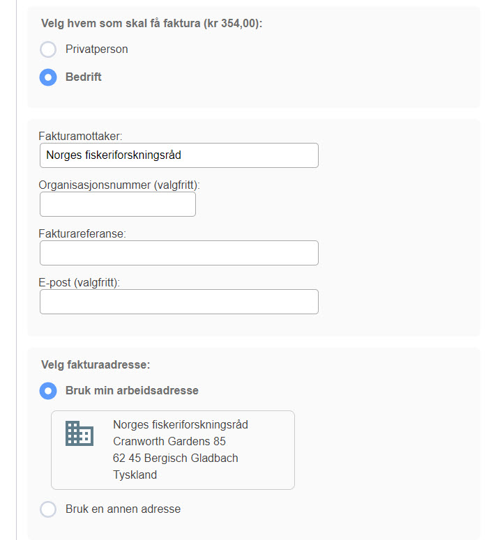 Eksempel på betalingsinformasjonssteget dersom brukeren har valgt at faktura skal gå til en bedrift.