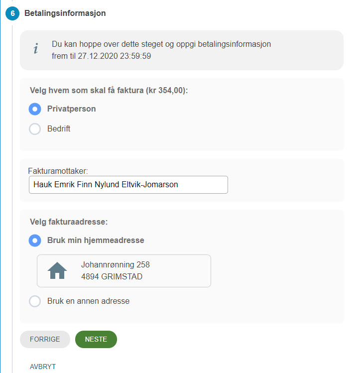 Betalingsinfosteget. Innholdet er beskrevet i teksten under.