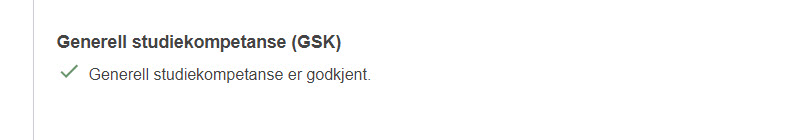 Skjermbilde fra EVUweb som viser en melding om at Generell studiekompetanse er godkjent