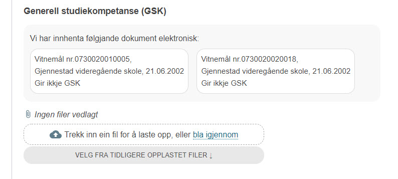 Skjermbilde fra EVUweb som viser dokumentasjonssteget for en søker som ikke har GSK