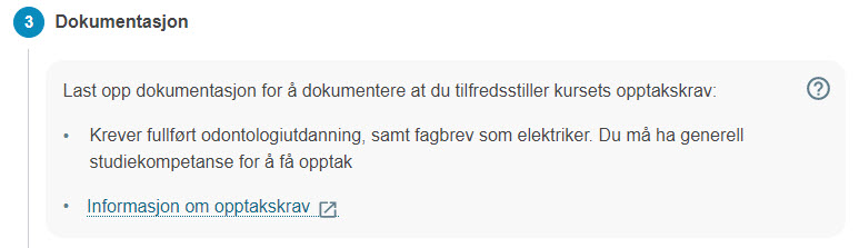 Detalj av skjermbilde fra EVUweb som viser opptakskrav for et eksempelkurs