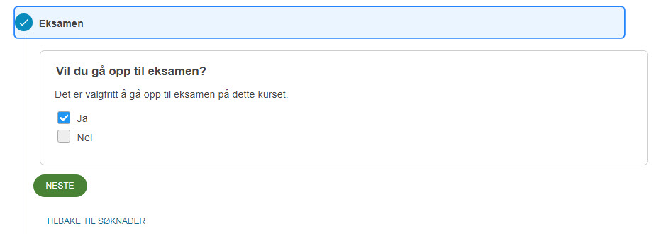 Skjermbilde fra EVUweb som viser spørsmål som blir presentert for søkere om hvorvidt de vil gå opp til eksamen