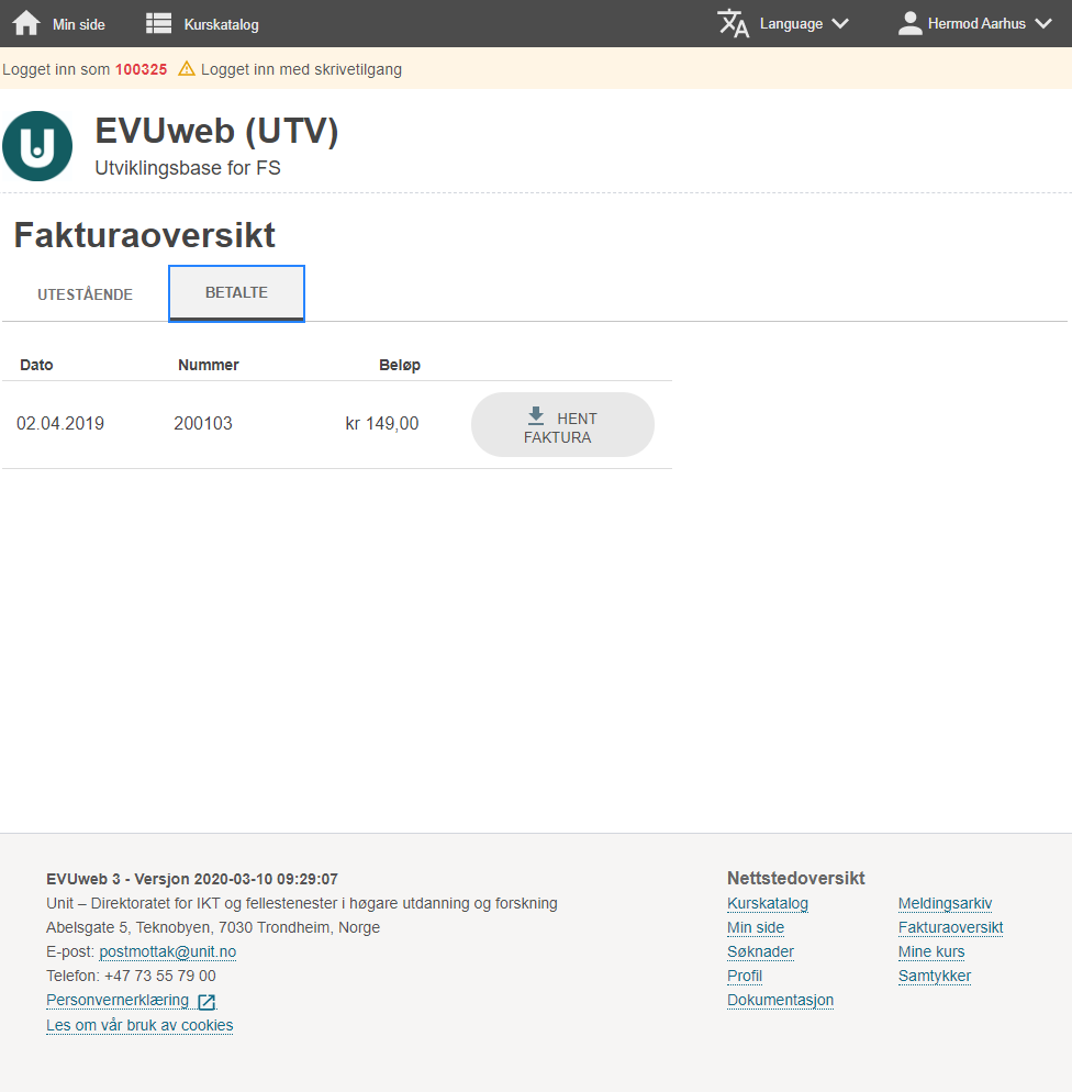 EVUweb: Fakturasiden. Betalte fakturarer listes opp under fanen Betalte.