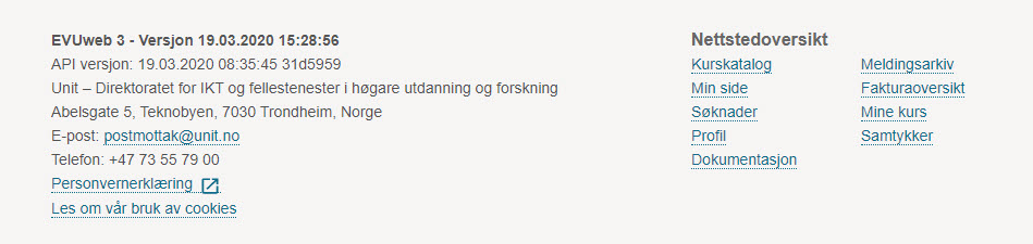 Utsnitt av skjermbilde fra EVUweb, som viser eksempel på hvordan bunnteksten i applikasjonen kan se ut