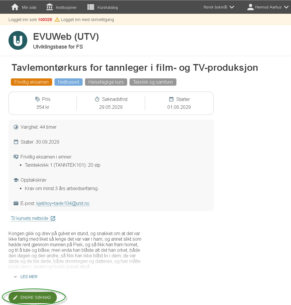 Skjermbilde fra EVUweb som viser egen knappetekst for innloggede brukere