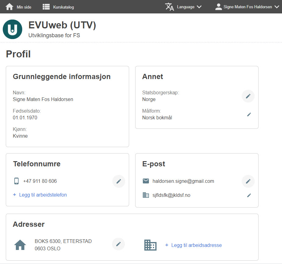 Skjermbilde fra EVUWeb - Profil