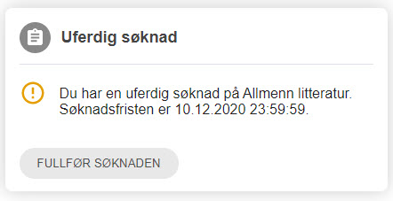 Varsel om uferdig søknad. Viser navn på kurset, søknadsfrist og knapp for å fullføre søknaden