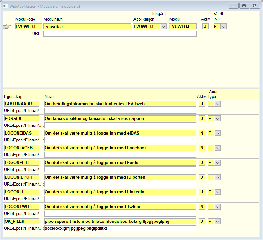 FS-klienten: Webapplikasjon modulvalg. Viser tilgjengelige modulegenskaper for EVUweb3 som er angitt i listen under.
