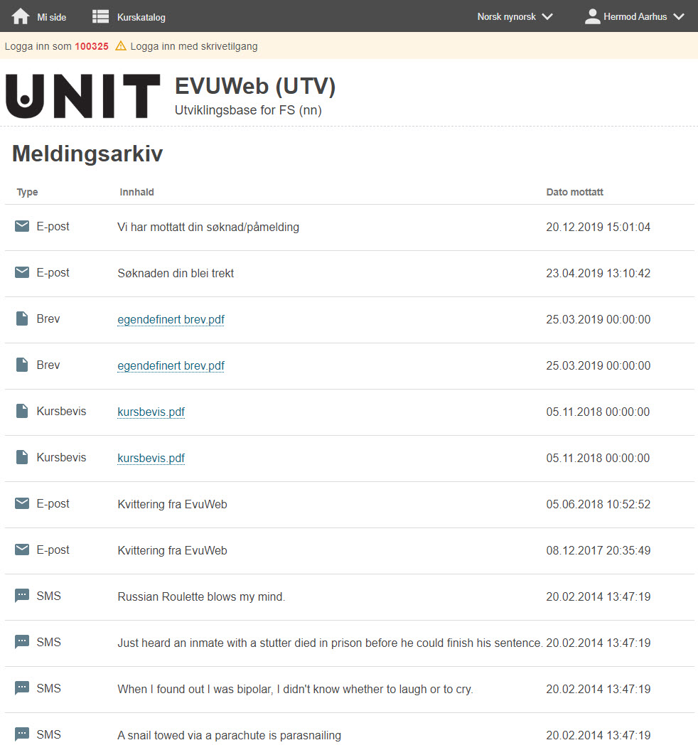 Skjermbilde fra EVUweb somv viser mottatte dokumenter, e-poster og SMSer