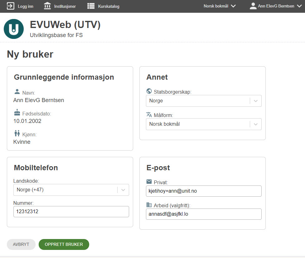 Skjermbilde fra EVUweb - side for oppretting av brukerkoto
