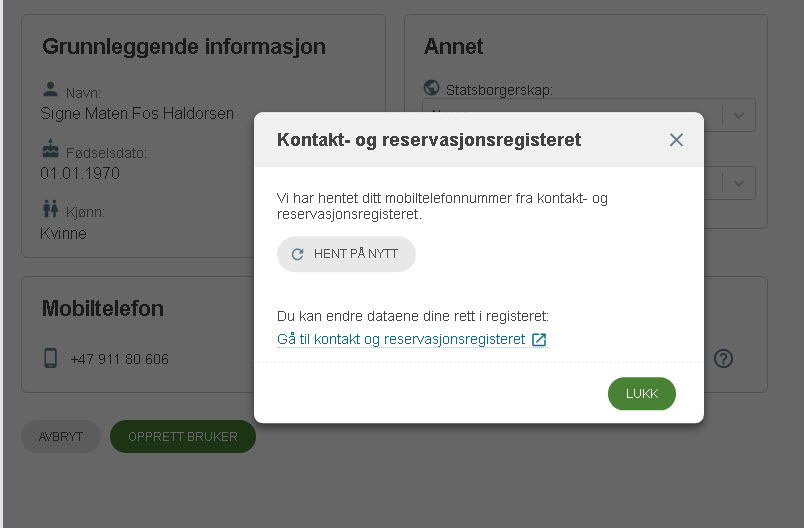 Skjermbilde fra EVUweb som viser hvordan ny bruker-siden fremstår når mobiltelefon og e-post er hentet fra Kontakt- og reservasjonsregisteret