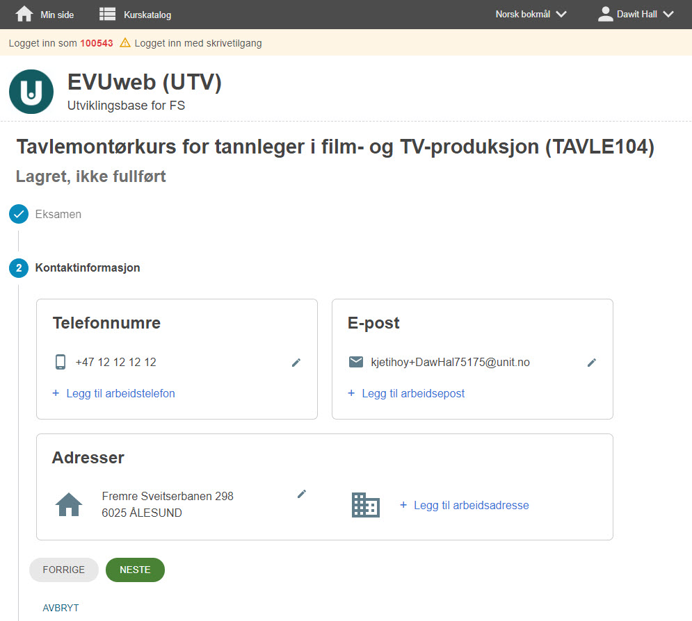 Skjermbilde fra EVUweb: Kontaktinformasjonssteget i påmeldingssekvensen