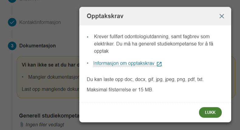 Skjermbilde fra EVUweb3: Popup med opptakskrav og informasjon om begrensninger for opplasting