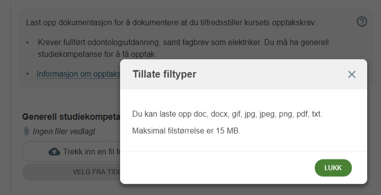 Skjermbilde fra EVUweb som viser popup med informasjon om tillatte filtyper og maks filstørrelse