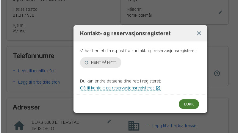Skjermbilde fra EVUweb som viser hvordan siden fremstår når mobilnummer og e-post er hentet fra Kontakt- og reservasjonsregisteret