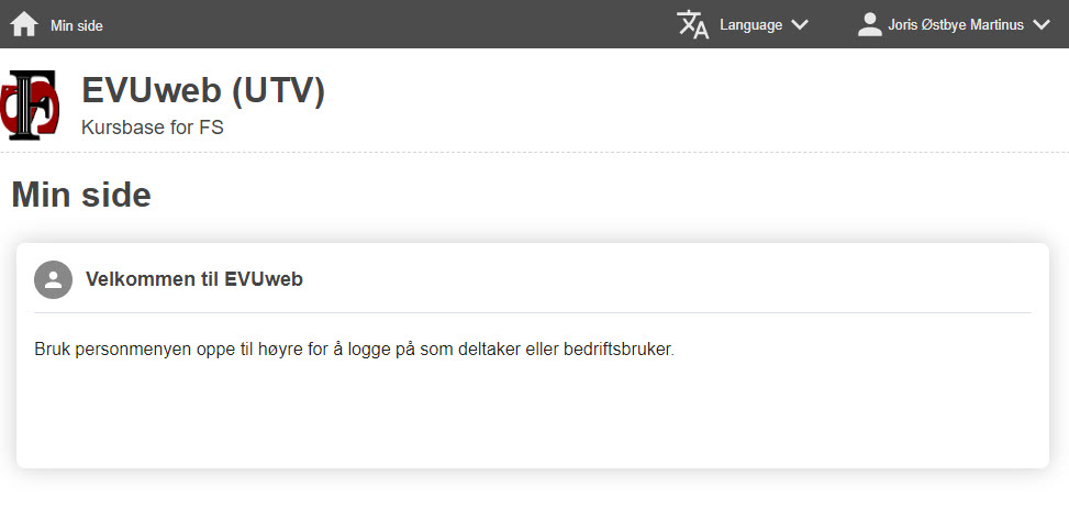 Min side for saksbehandler som ikke er deltaker. Varsel om at brukeren kan logge seg på som deltaker eller bedriftsbruker via menyen