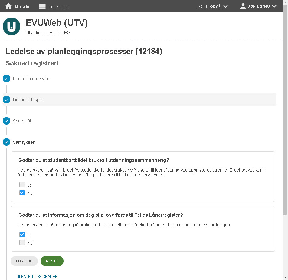 Skjermbilde som viser plassering av samtykke i påmeldingssekvensen i EVUweb