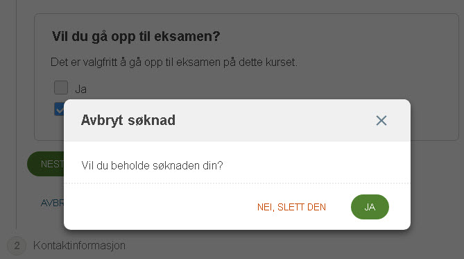 Popup som vises når søkeren klikker på "Avbryt" i påmeldingssekvensen