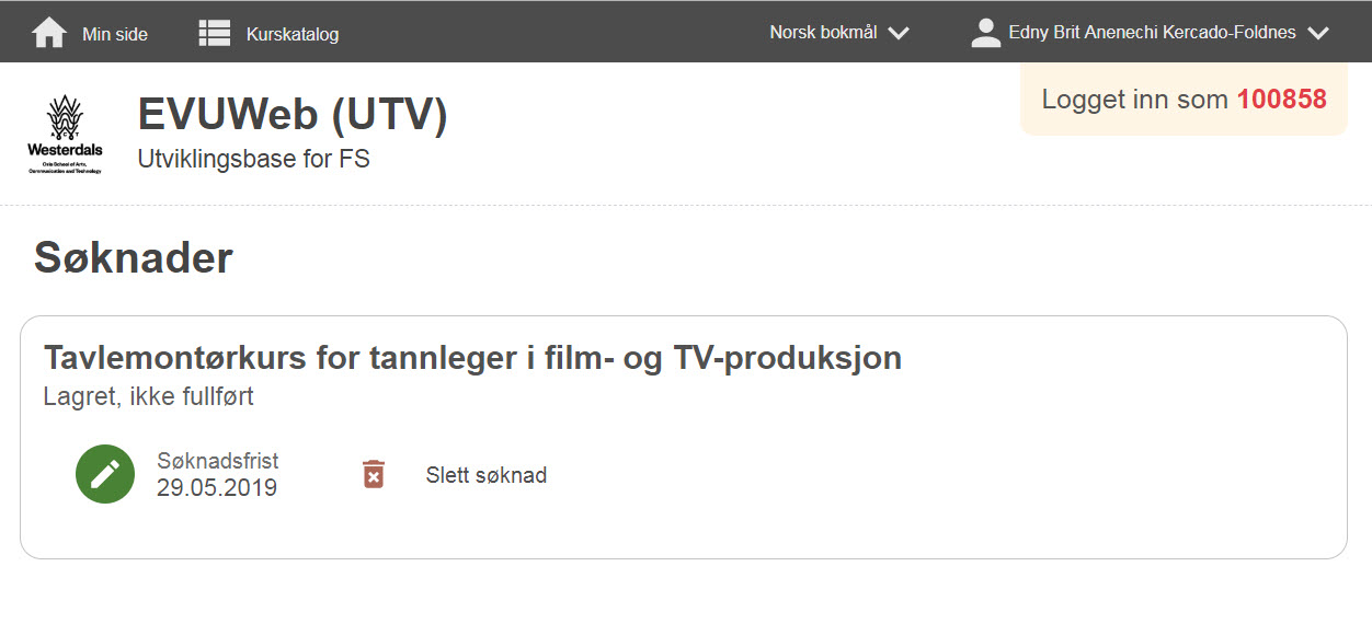 EVUweb - Søknad som ikke er fullført vises på søknadssiden med status "Lagret, ikke fullført"