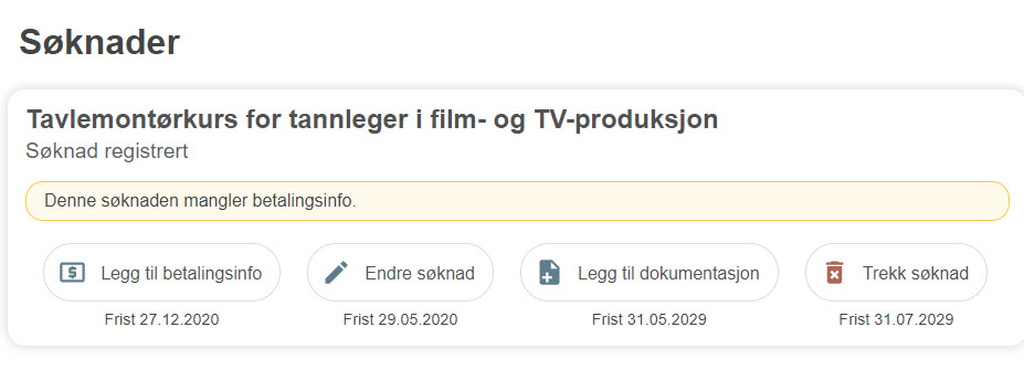 Søknad som mangler betalingsinformasjon markert med en tekstboks med varsel om dette
