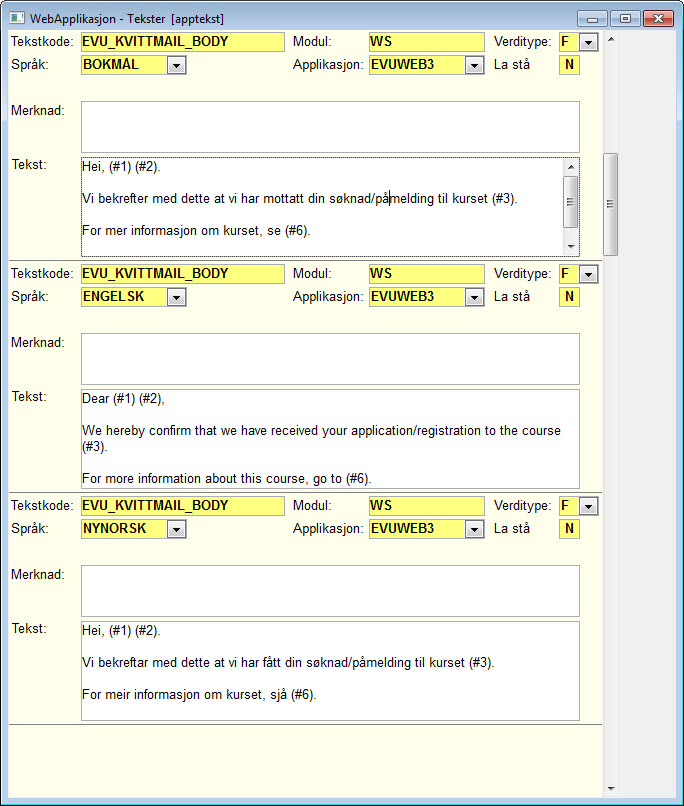 Skjermbilde fra FS-klienten: Webapplikasjon - tekster