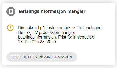 Eksempel på varsel om manglende betalingsinformasjon. Viser navn på kusret og frist for å oppgi informasjonen