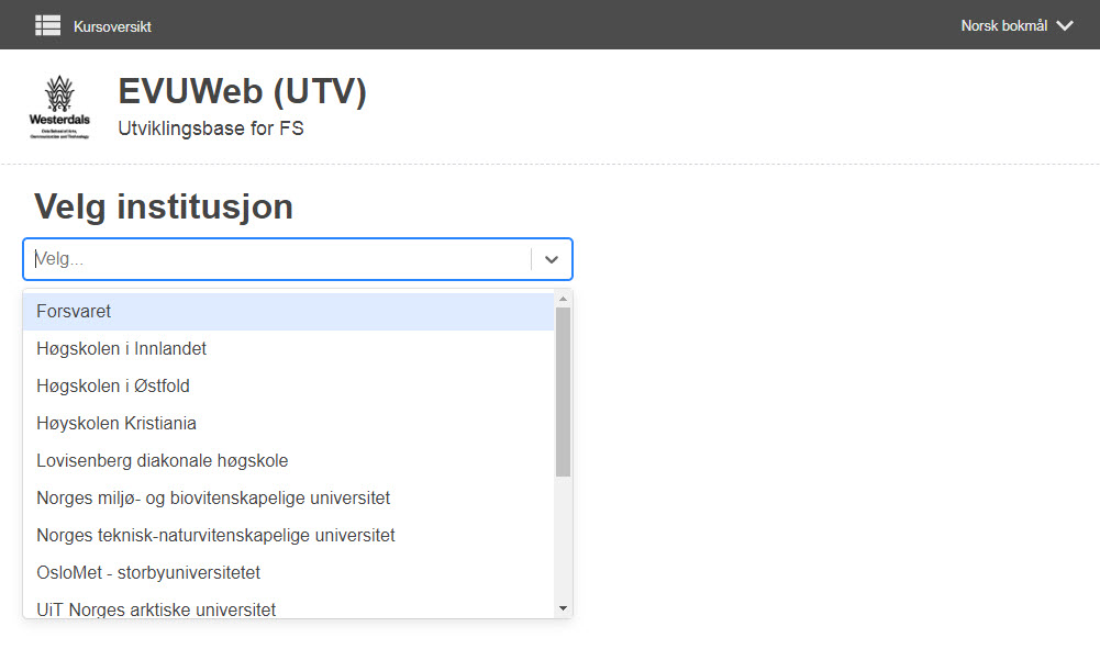 Skjermdump fra EVUweb - Velg institusjon