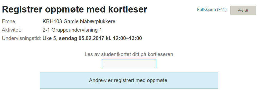 Oppmøte registrert