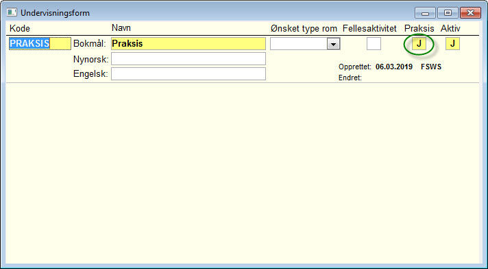 Skjermdump av kodebildet Undervisningsform