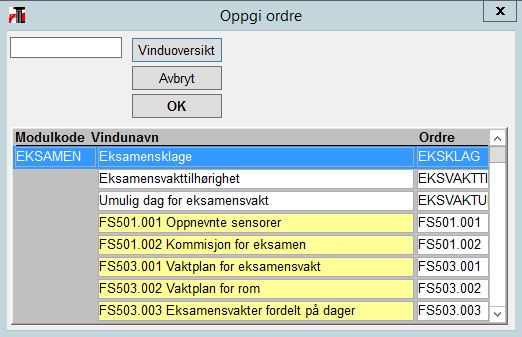 Dialogen Oppgi ordre, med vindusoversikt