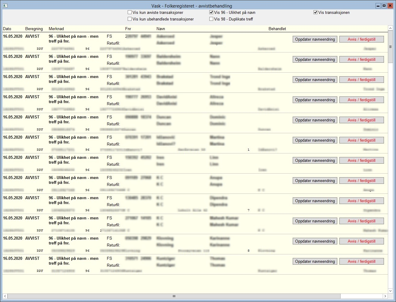 Vask - Folkeregisteret - avvistbehandling