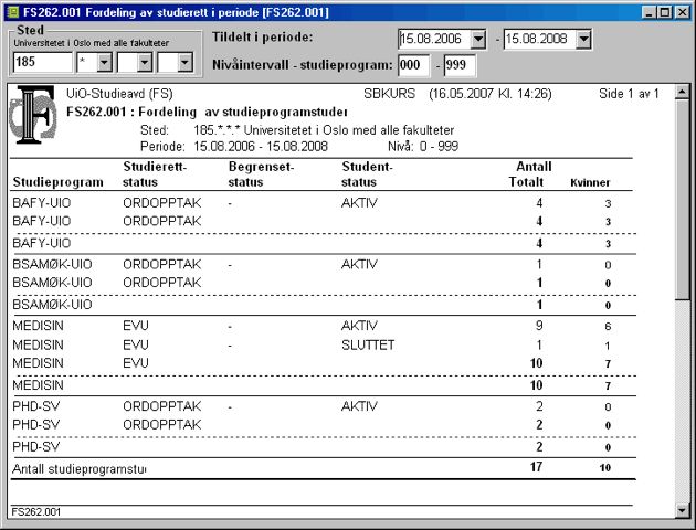 FS262.001 Fordeling av studieretter i periode