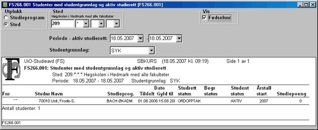 FS266.001 Studenter med studentgrunnlag og aktiv studierett