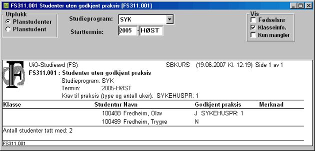 FS311.001 Studenter uten godkjent praksis