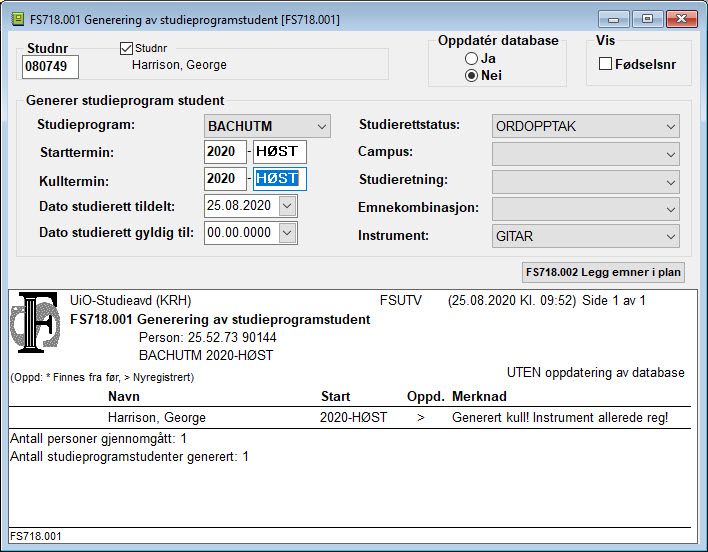 FS718.001 Generering av studieprogramstudent
