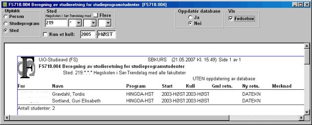 FS718.004 Beregning av studieretning for studenter