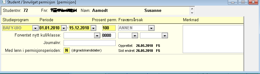 Student/Innvilget permisjon