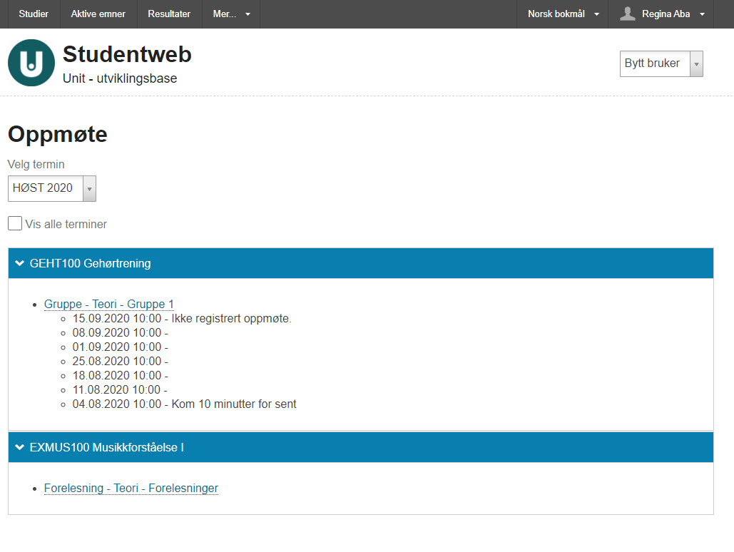 Eksempel på fremvisning av registrert oppmøte i Studentweb