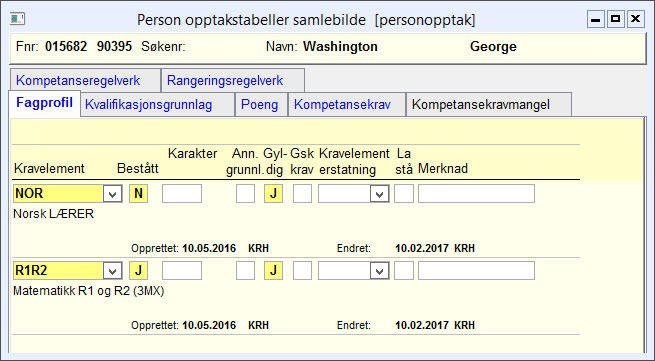 Person opptakstabeller samlebilde - underbilde Fagprofil