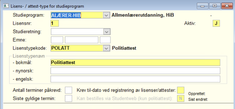 Lisens-/attesttype for studieprogram