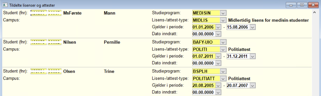 Tildelte lisenser og attester