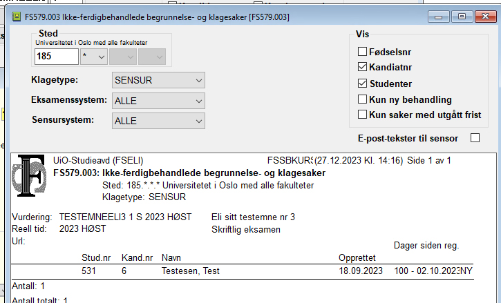 Rapport FS579003 Ikke-ferdigbehandlede begrunnelses- og klagesaker